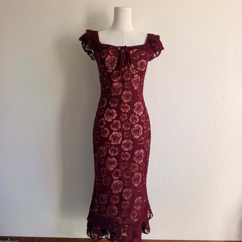 RIHOAS Wine Red Floral Ruffle Mermaid Midi Dress Size S